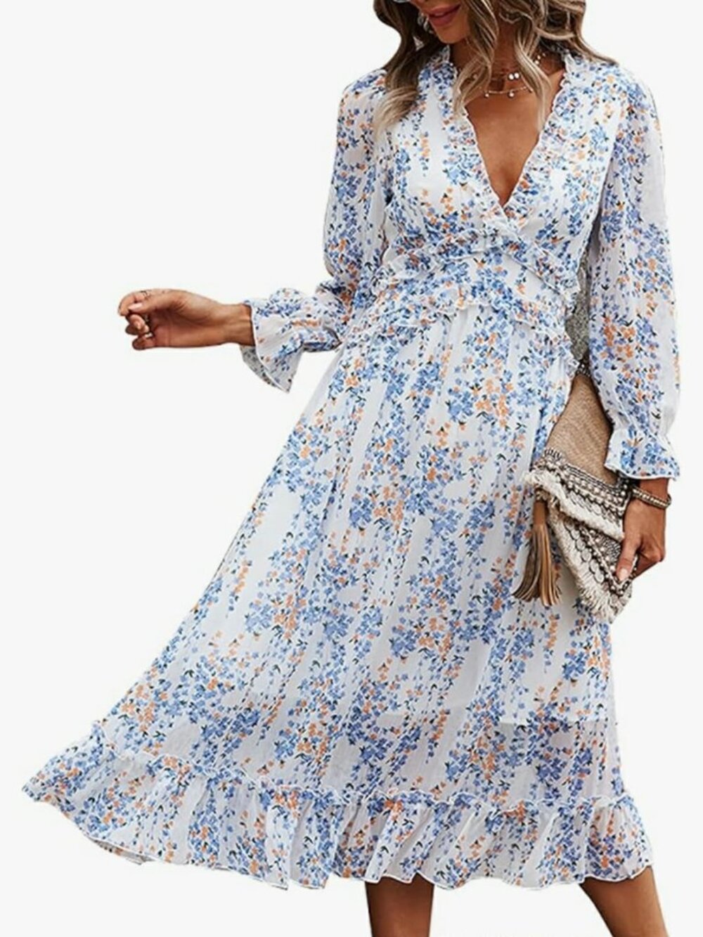 Leasty Floral V Neck Ruffle Midi Dress Long Sleeve Flowy Swing Beach size M (6)